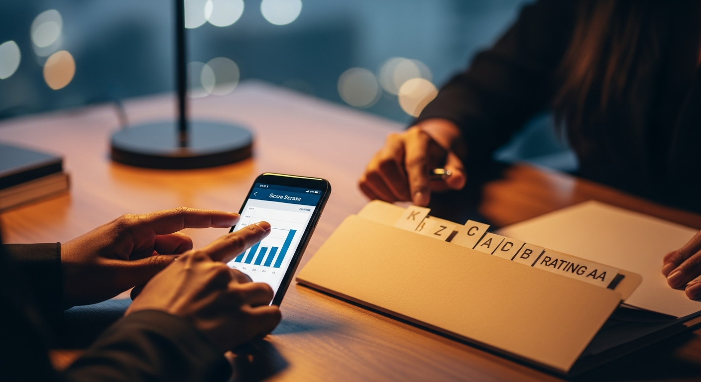 Comparação entre score digital no smartphone e rating bancário em documentos físicos sobre mesa de escritório corporativo
