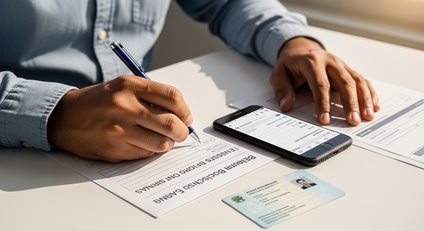 Empresário brasileiro atualizando cadastro pessoal no banco para melhorar rating bancário e conseguir crédito para o CNPJ