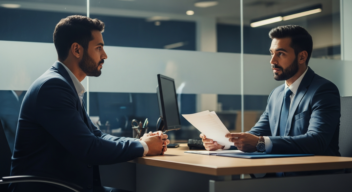 Empresário brasileiro reunido com gerente de banco discutindo rating bancário para empresas e aprovação de crédito PJ