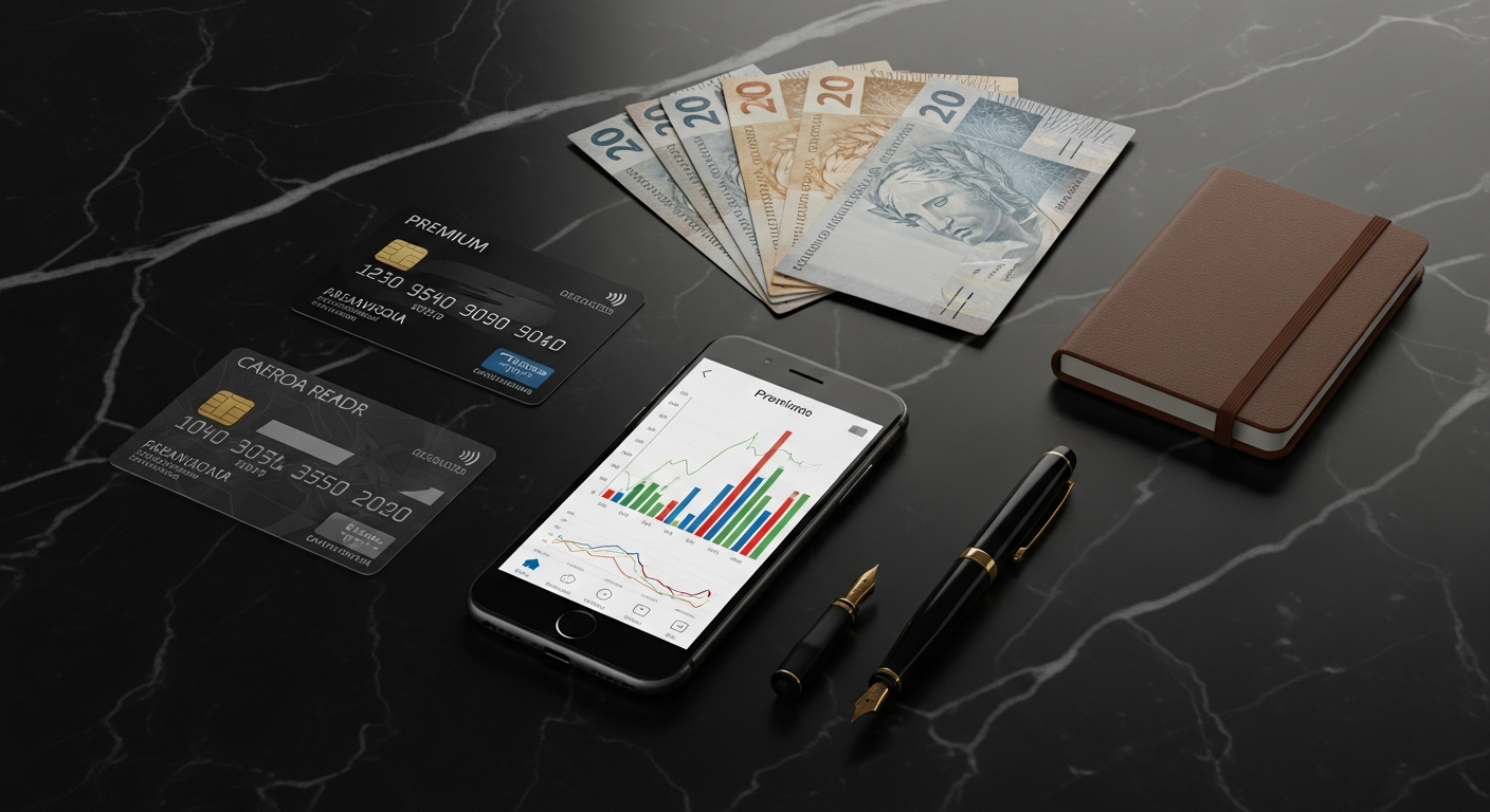 Composição flat lay com smartphone de investimentos, cartão de crédito premium e notas de reais sobre mármore escuro