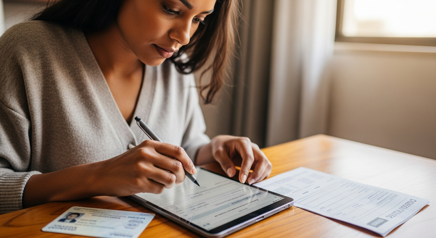Mulher brasileira preenchendo cadastro digital em tablet com documentos ao lado — passo a passo correto de abertura de conta XP Investimentos