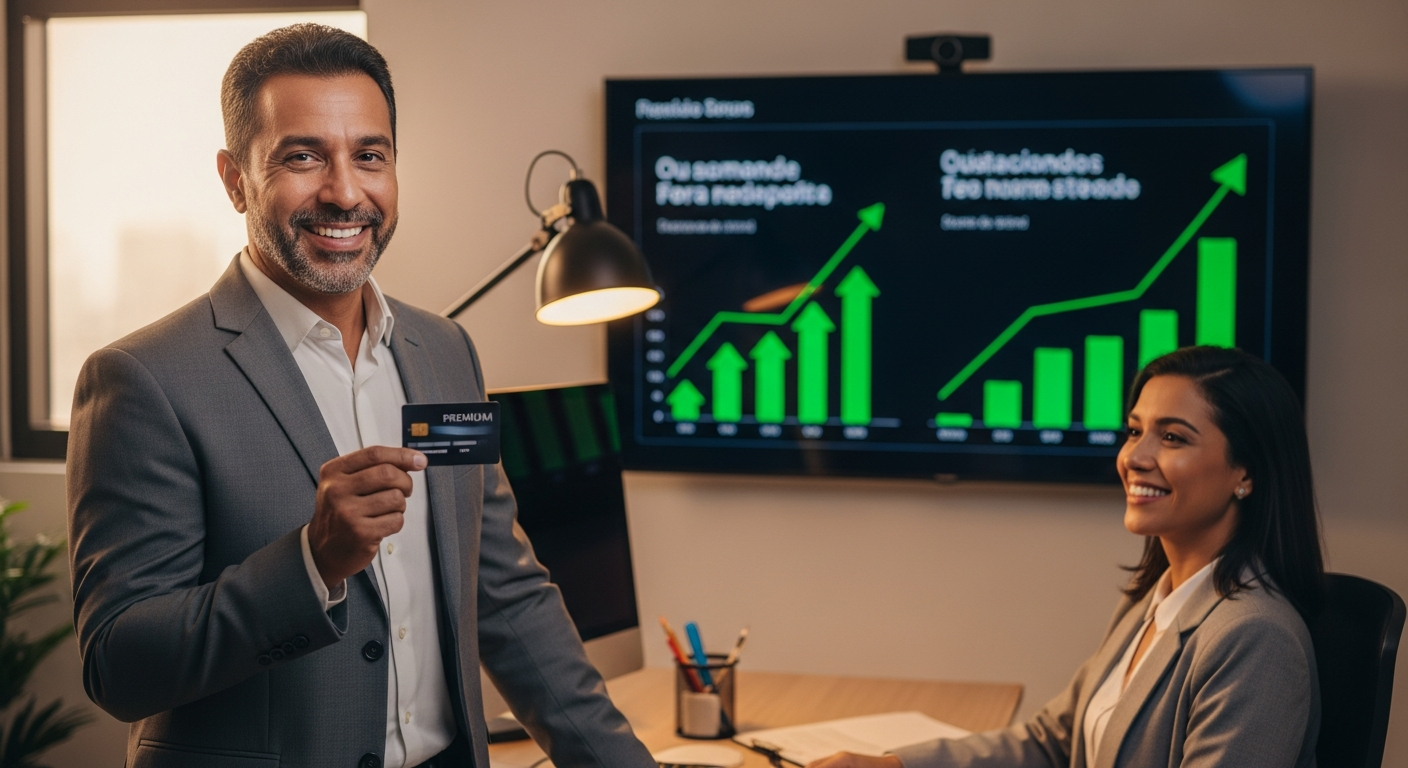 Homem brasileiro confiante segurando cartão de crédito premium com gráficos de investimento crescendo ao fundo
