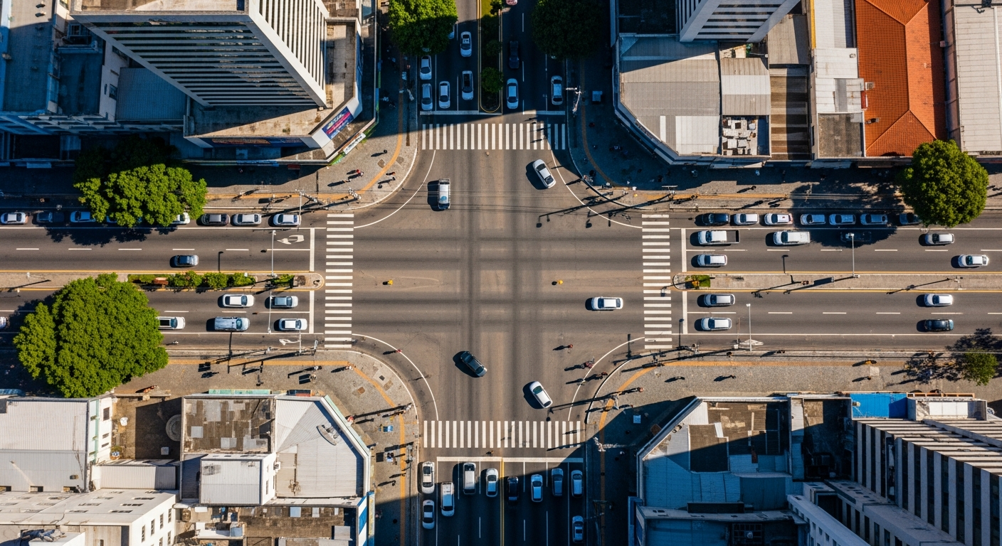 Vista aérea de encruzilhada urbana brasileira com três ruas divergindo — metáfora dos destinos da empresa