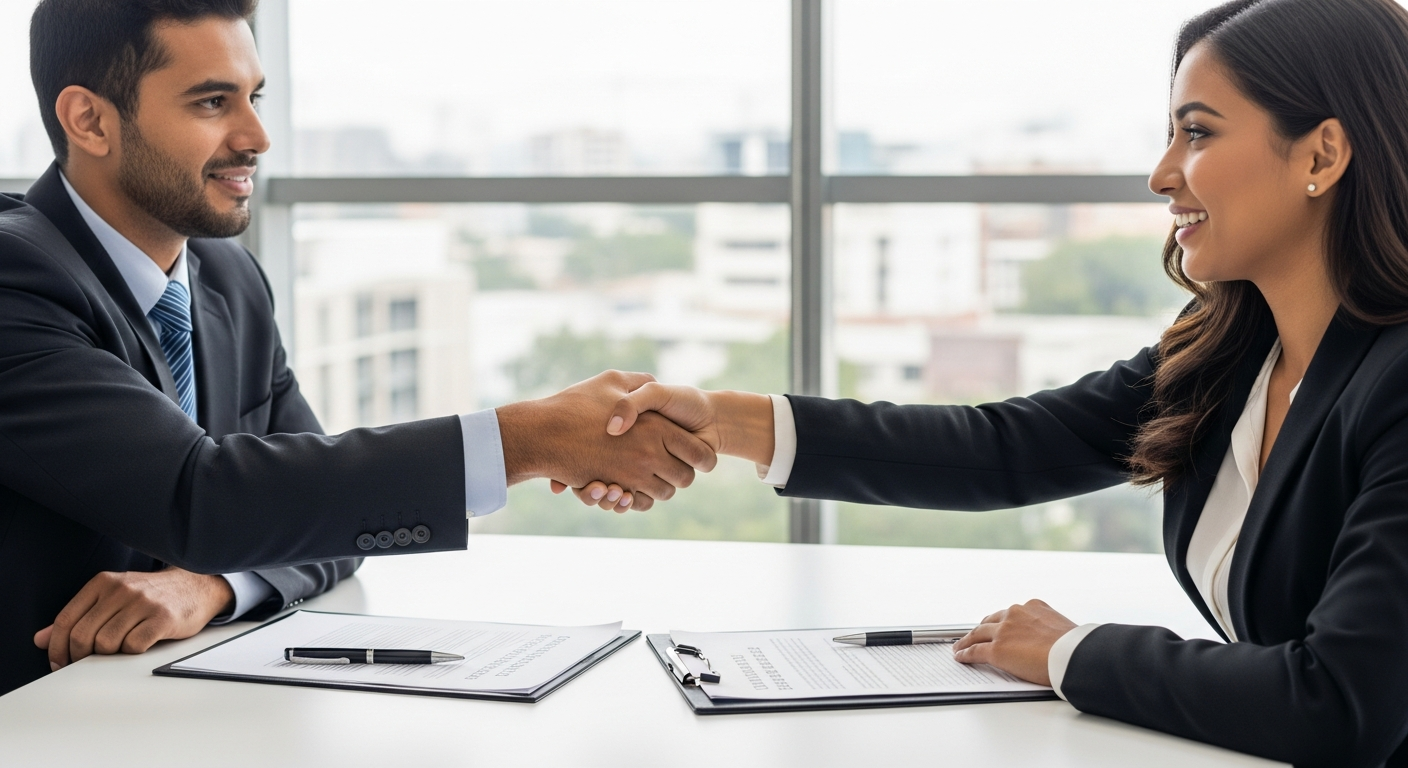 Dois empreendedores brasileiros selando acordo de venda de empresa com aperto de mãos em sala de reunião