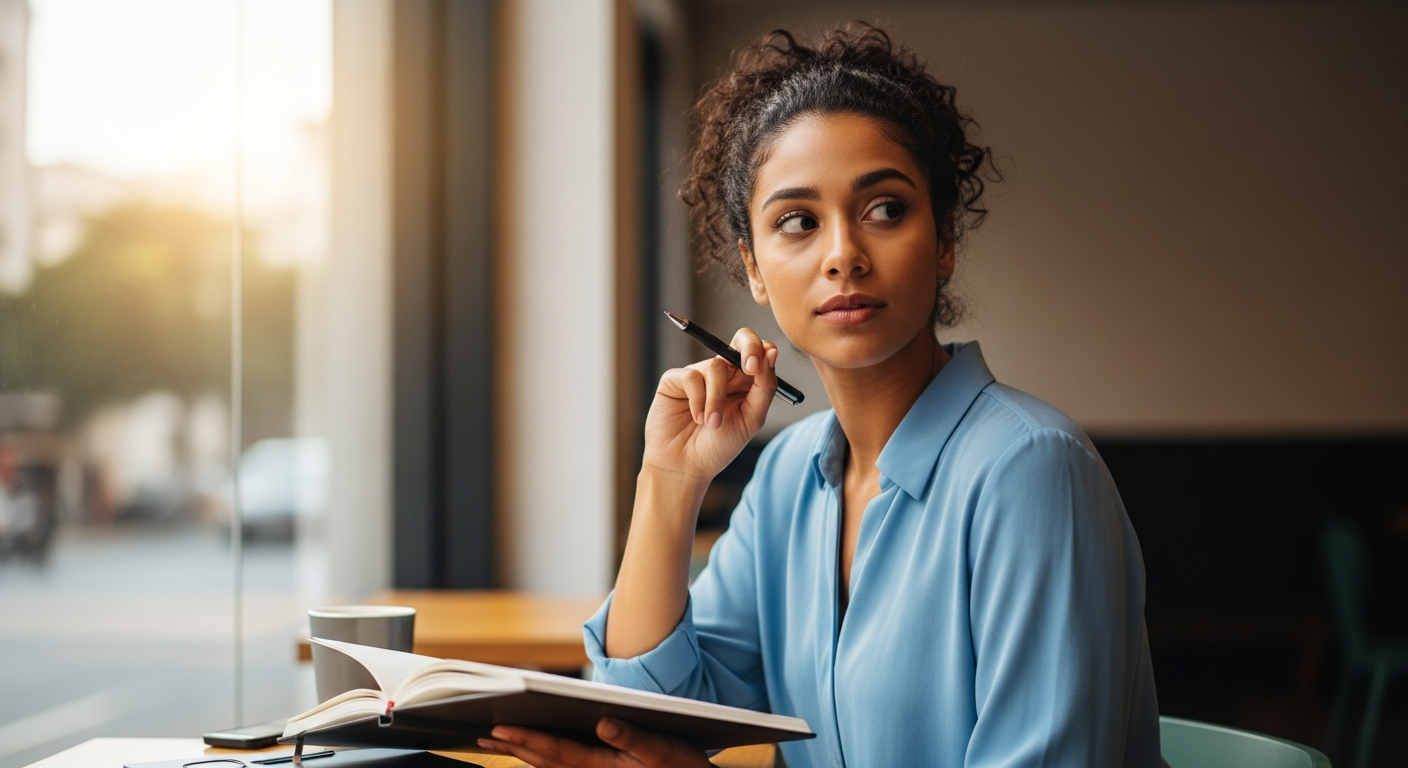 Empreendedora brasileira reflexiva com caderno em coworking planejando o futuro do negócio