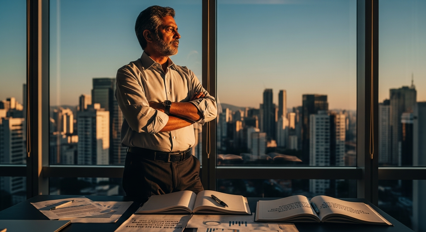 Empreendedor brasileiro reflexivo diante de janela de escritório ao entardecer, planejando o futuro da empresa