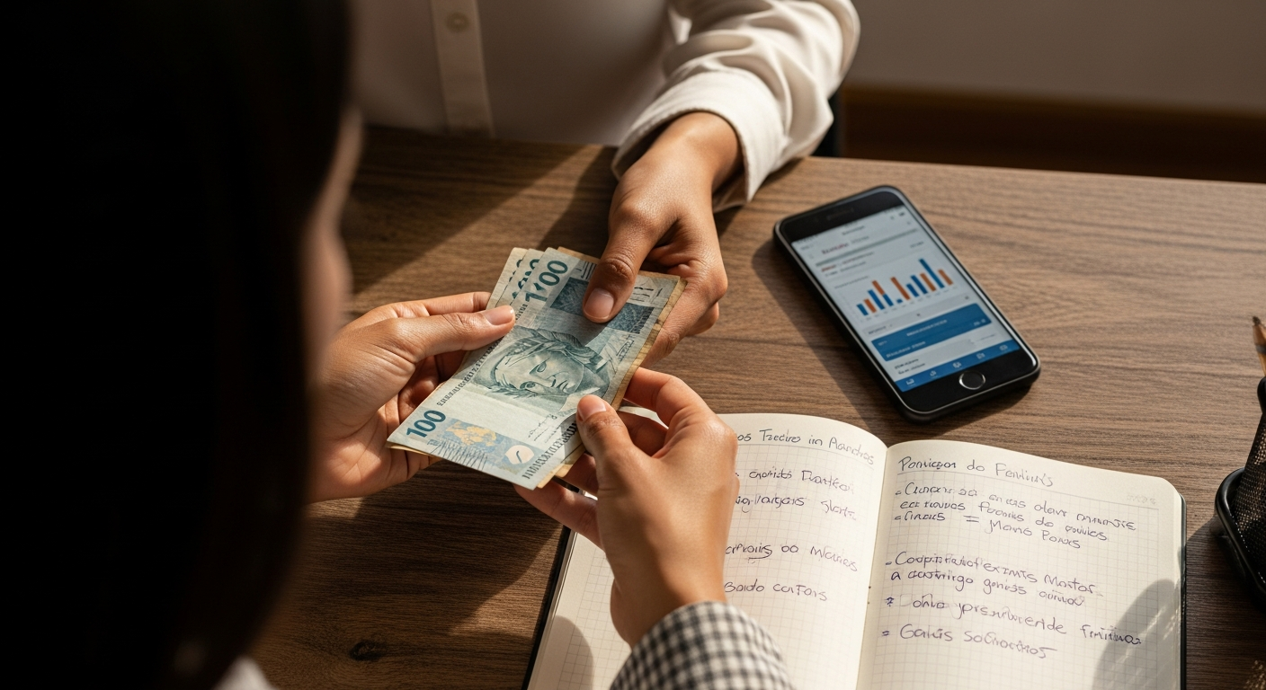 Mãos segurando notas de real ao lado de celular com app bancário e caderno financeiro
