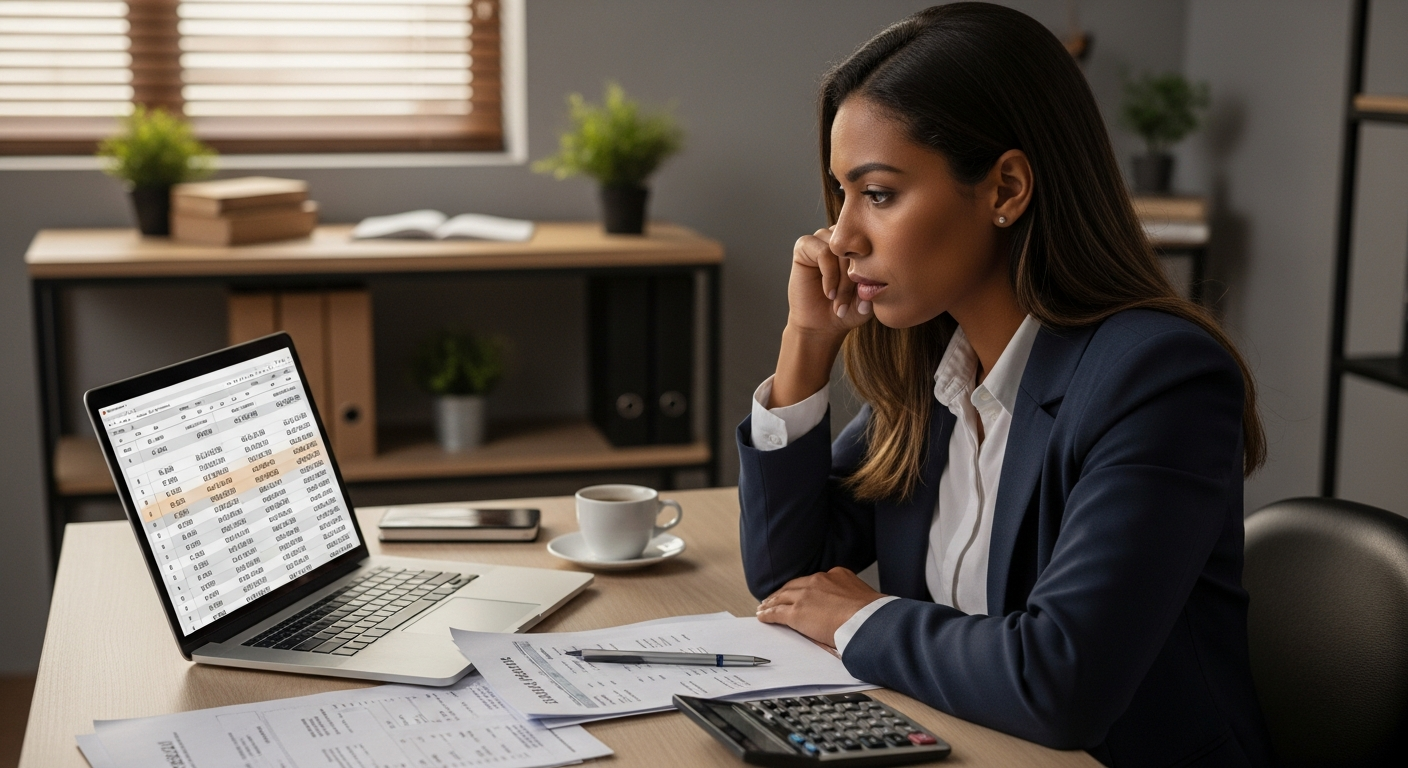 Empresária brasileira preocupada analisando planilha e extratos bancários no escritório