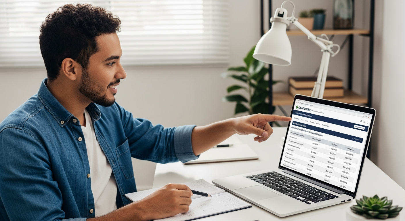 Empresário brasileiro apontando para tela de computador com site do Banco Central aberto