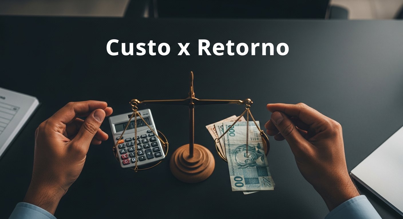 Mãos brasileiras segurando balança com calculadora e dinheiro simbolizando decisão de ROI