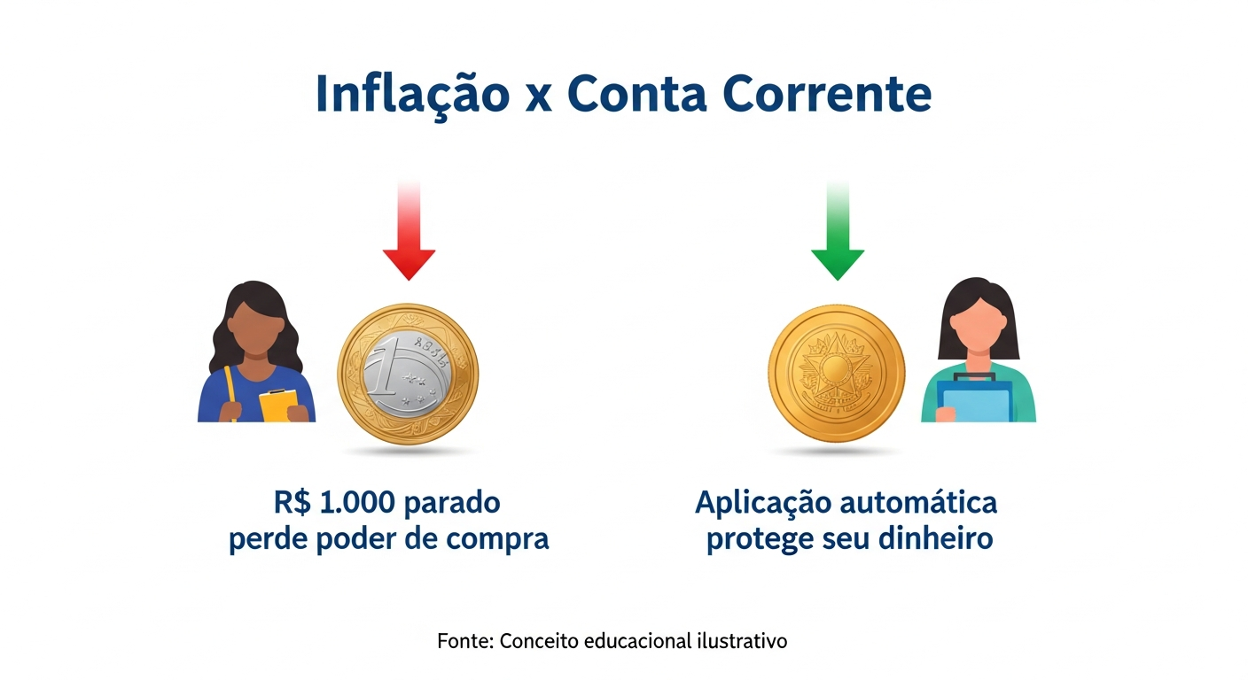 Infográfico comparando dinheiro parado na conta corrente com aplicação automática e o efeito da inflação no poder de compra