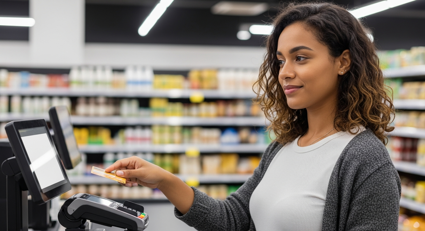 Mulher brasileira passando cartão de débito no supermercado com tranquilidade graças à liquidez diária da aplicação automática