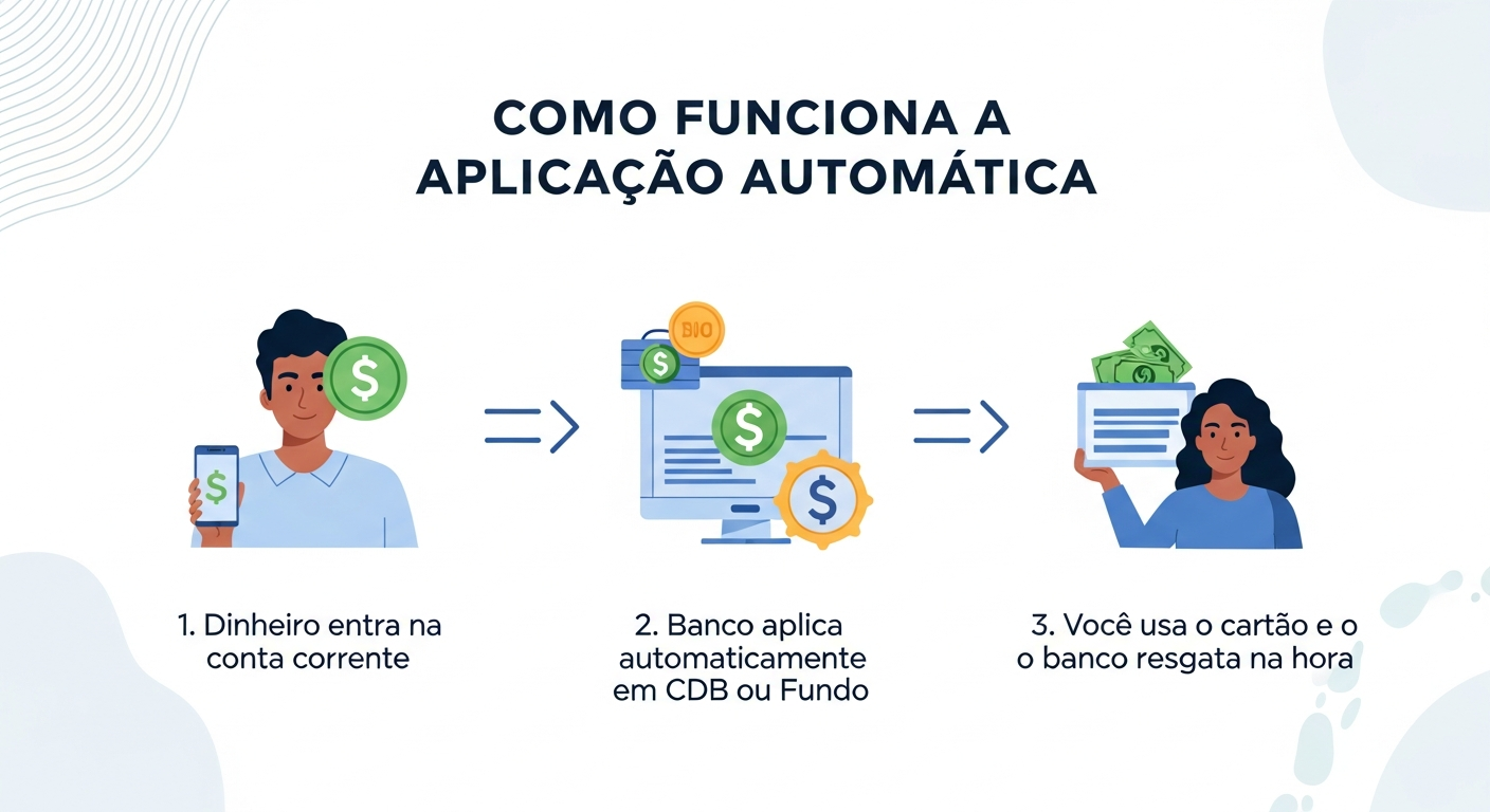 Infográfico explicando o funcionamento da aplicação automática em três etapas: depósito, aplicação e resgate via cartão de débito