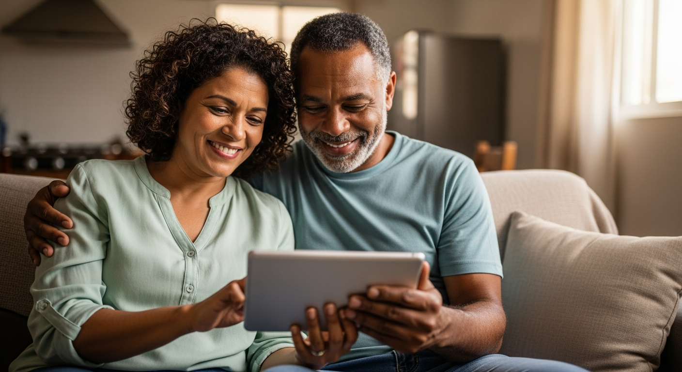 Casal brasileiro satisfeito vendo informações financeiras no tablet em casa representando controle sobre investimentos automáticos