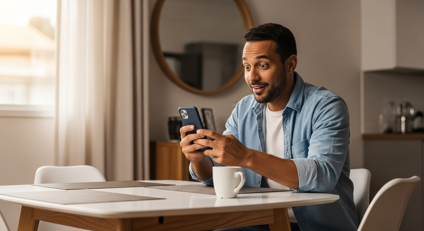 Homem brasileiro olhando aplicativo do banco no celular com expressão surpresa ao ver saldo aplicado automaticamente