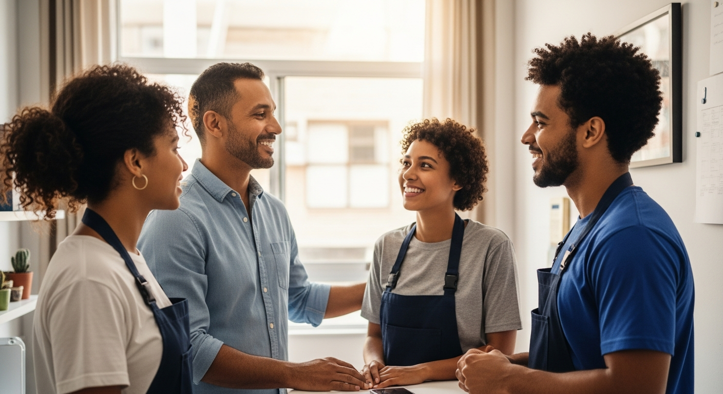 Empresário brasileiro conversando com funcionários satisfeitos — benefícios da conta empresarial banco tradicional