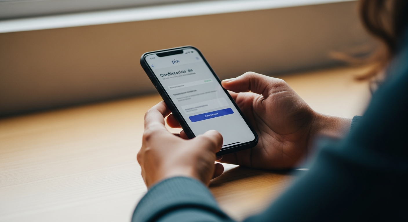 Mão segurando celular com comprovante de Pix — rastreamento bancário de transações