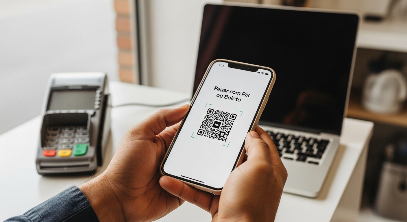 Smartphone com QR Code de boleto dinâmico integrado ao Pix para pagamento em empresa brasileira