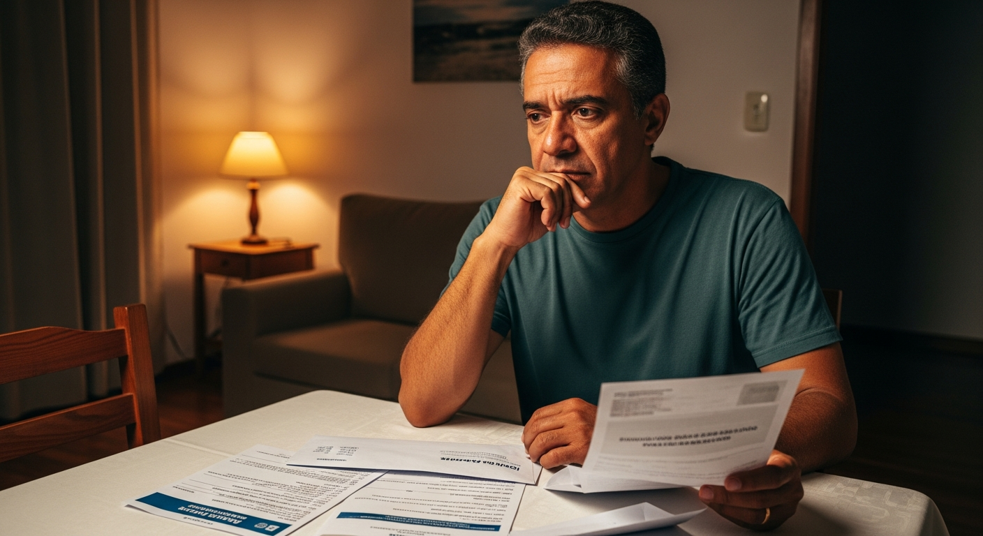 Homem brasileiro analisa extrato bancário com expressão pensativa, representando dúvida sobre limite de crédito