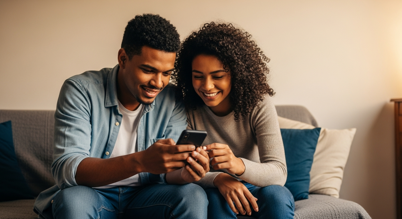 Casal brasileiro sorrindo ao verificar resultado de investimento no celular em sala de estar aconchegante