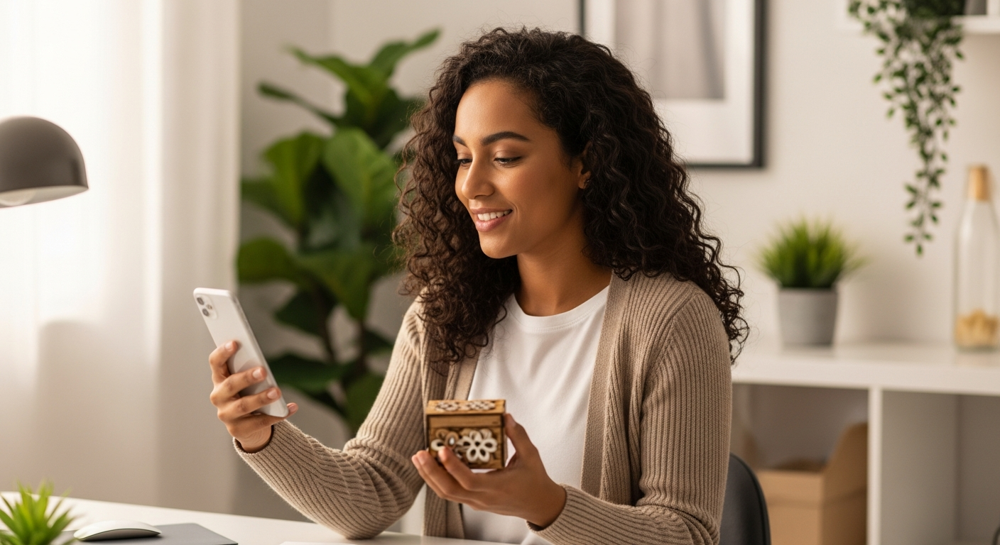 Mulher brasileira sorrindo ao verificar rendimentos da caixinha do Nubank no celular em home office