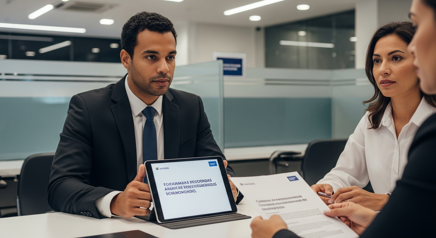 Gerente de banco brasileiro em reunião analisando documentos de crédito empresarial com cliente