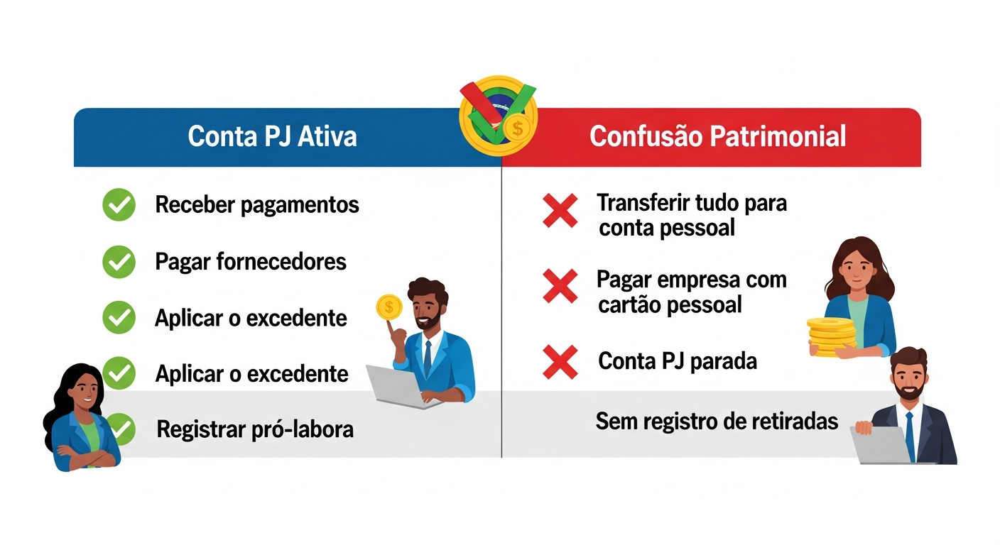 Infográfico comparando comportamentos corretos e incorretos na gestão da conta PJ empresarial