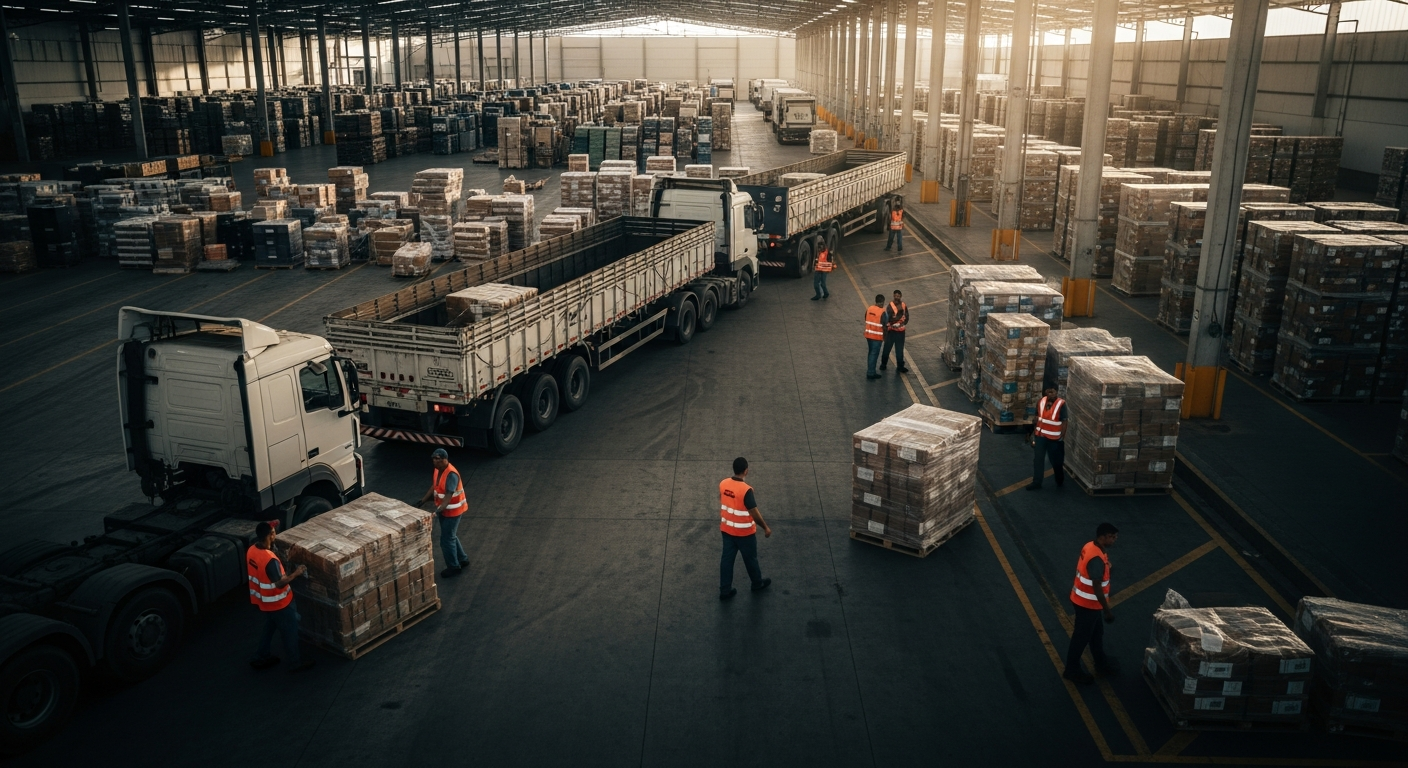 Pátio logístico industrial brasileiro com galpão moderno e trabalhadores, representando expansão de empresas chinesas no Brasil
