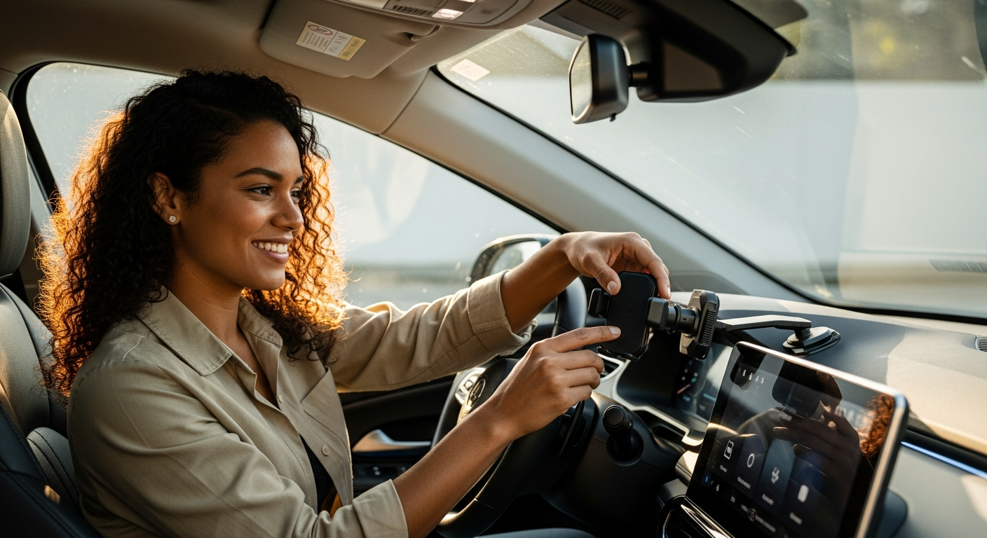 Mulher brasileira instalando acessório automotivo no interior de carro elétrico moderno, mercado de personalização veicular