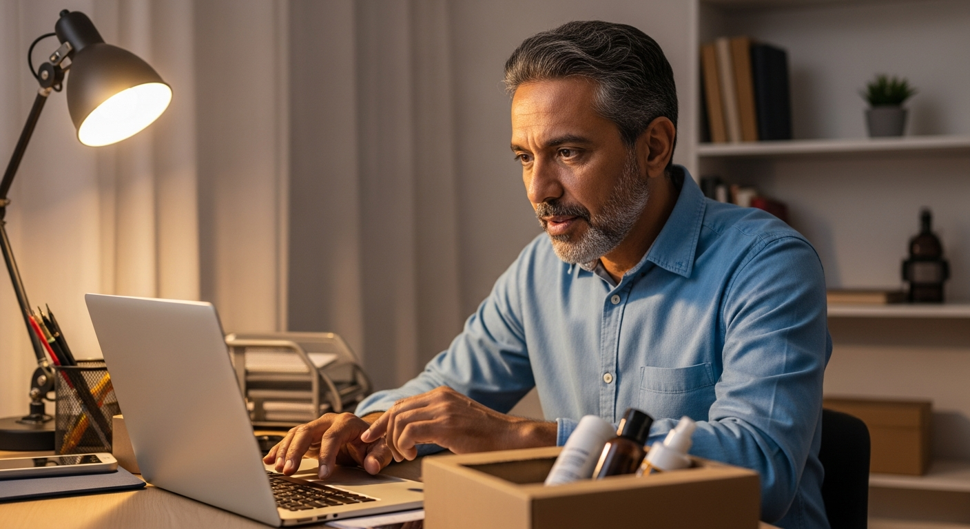 Empreendedor brasileiro em escritório pequeno com laptop e estoque, buscando capital de giro para crescer o negócio