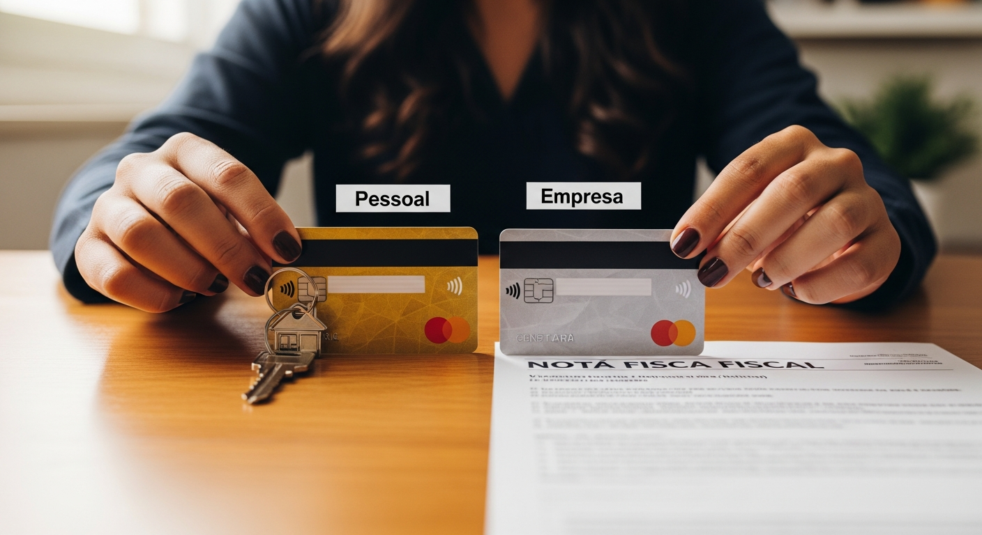 Dois cartões de crédito separados em mesa — cartão pessoal e cartão PJ para MEI