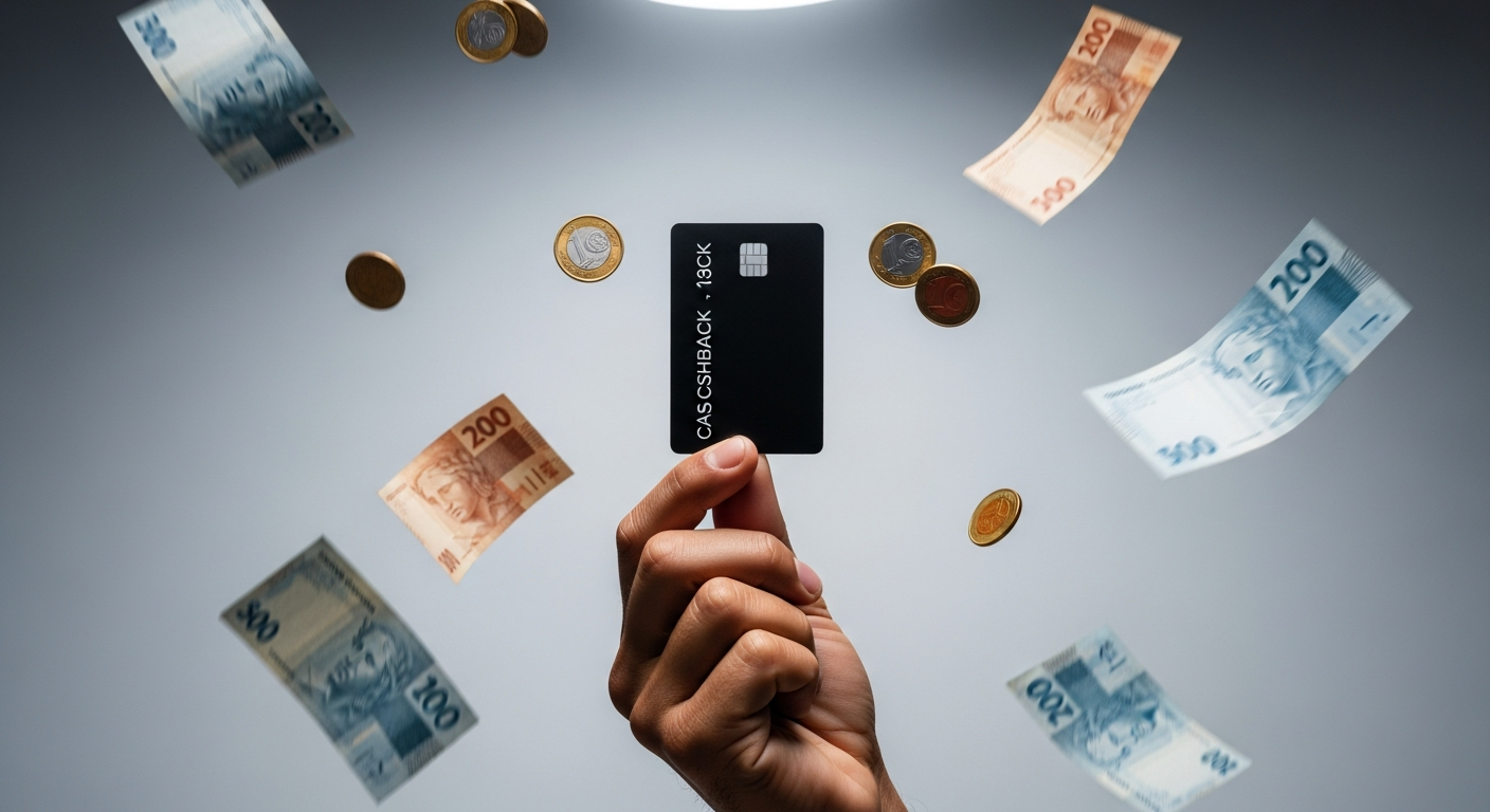 Mão brasileira segurando cartão PJ com moedas e cédulas caindo — conceito de cashback