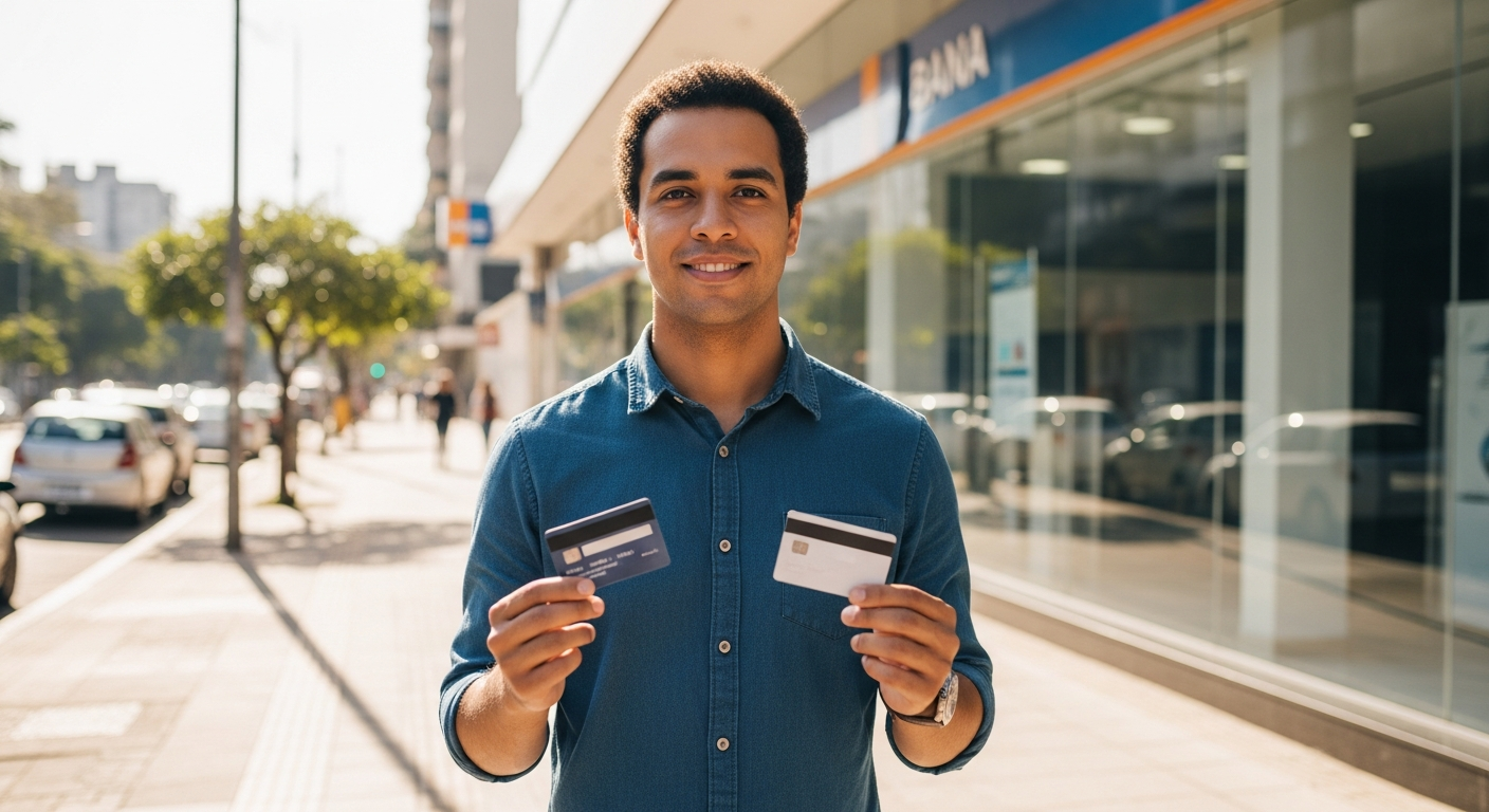 MEI brasileiro segurando dois cartões de crédito na frente de agência bancária