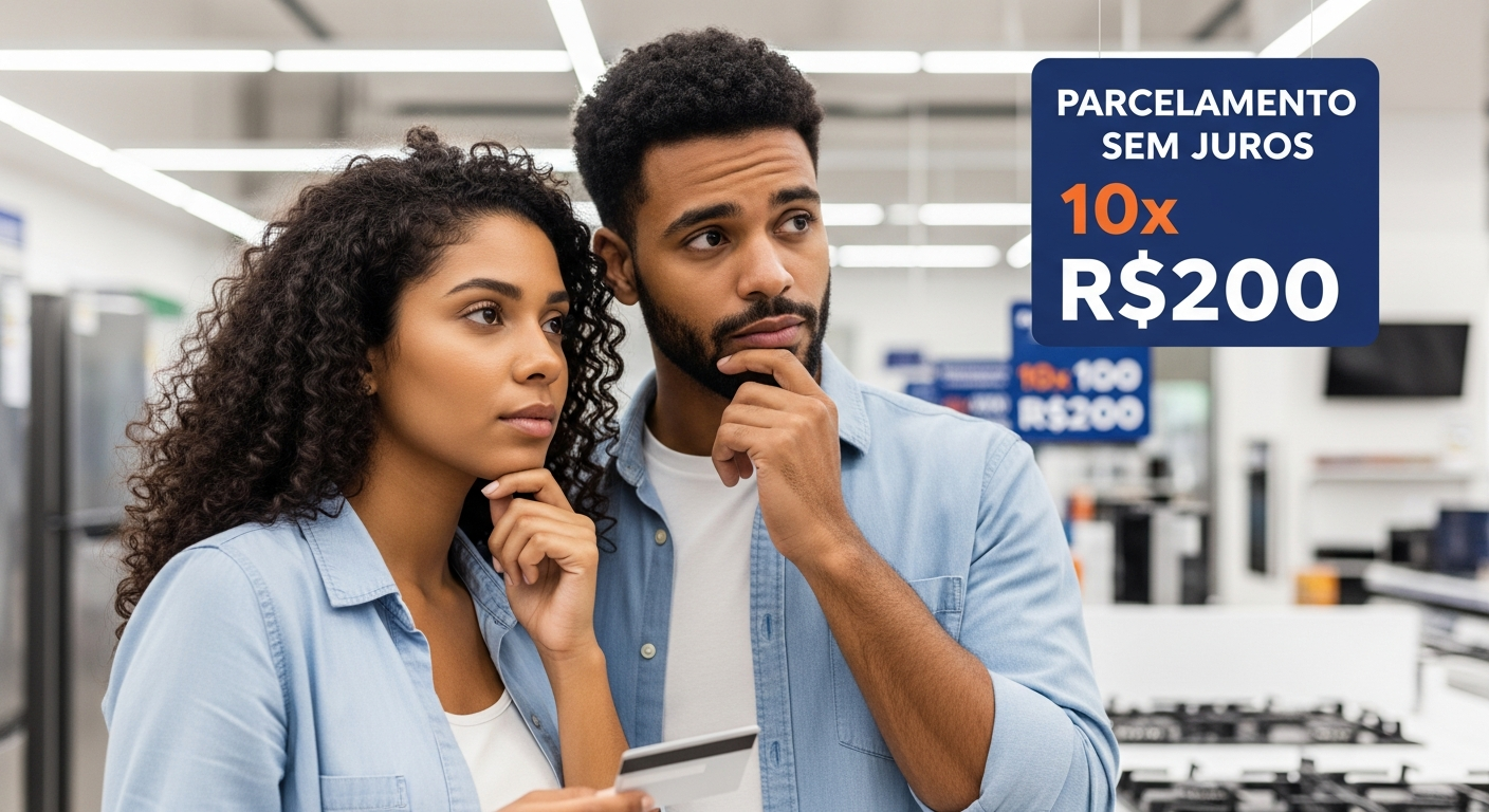 Casal brasileiro analisando etiqueta de parcelamento sem juros em loja de eletrodomésticos com cartão de crédito na mão