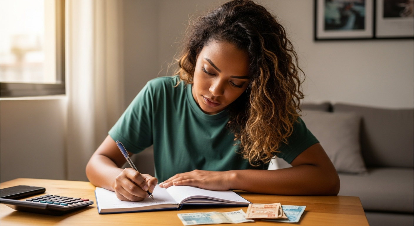 Mulher brasileira planejando meta financeira com caderno e calculadora na mesa