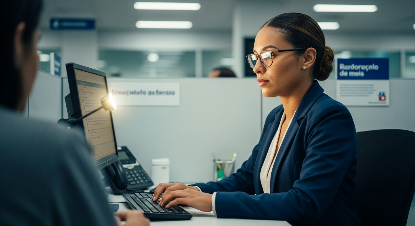 Gerente de banco brasileira atualizando cadastro de cliente no sistema interno da agência