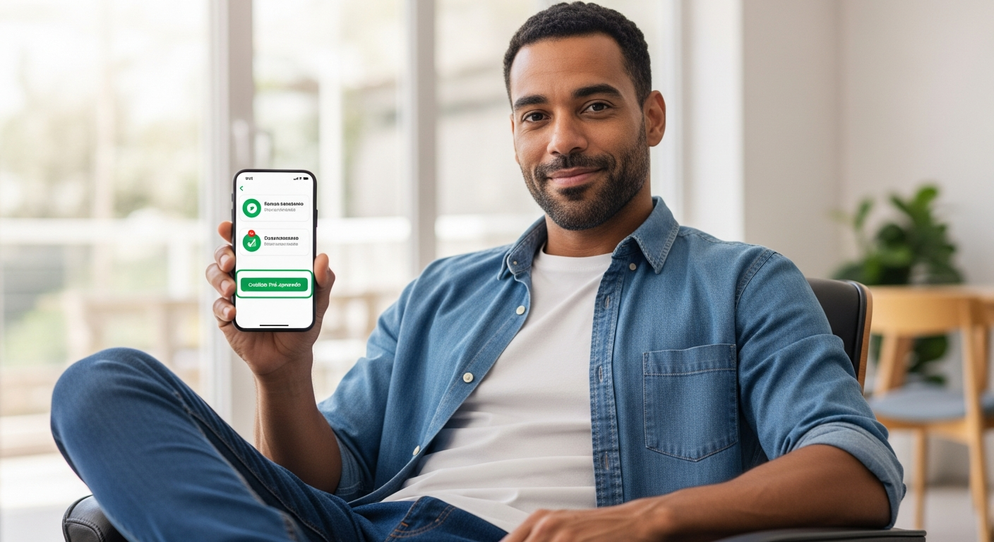 Empreendedor brasileiro satisfeito recebendo notificação de crédito pré-aprovado no celular
