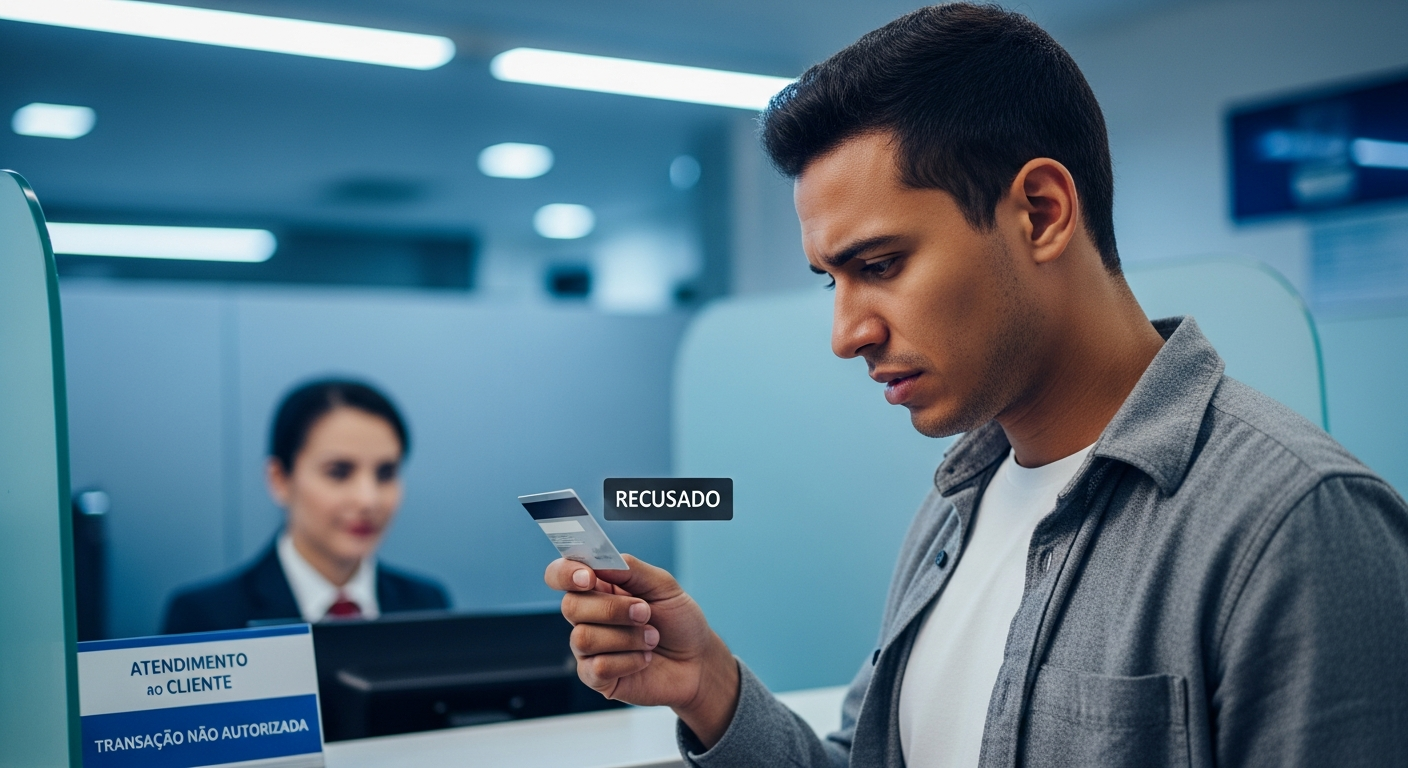 Homem brasileiro com cartão de crédito recusado em banco — impacto de cheque sem fundo negativado
