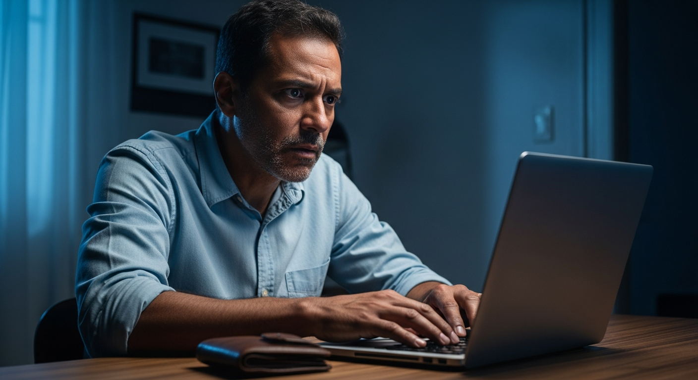Homem brasileiro preocupado consultando notebook sobre cheque sem fundo no Registrato