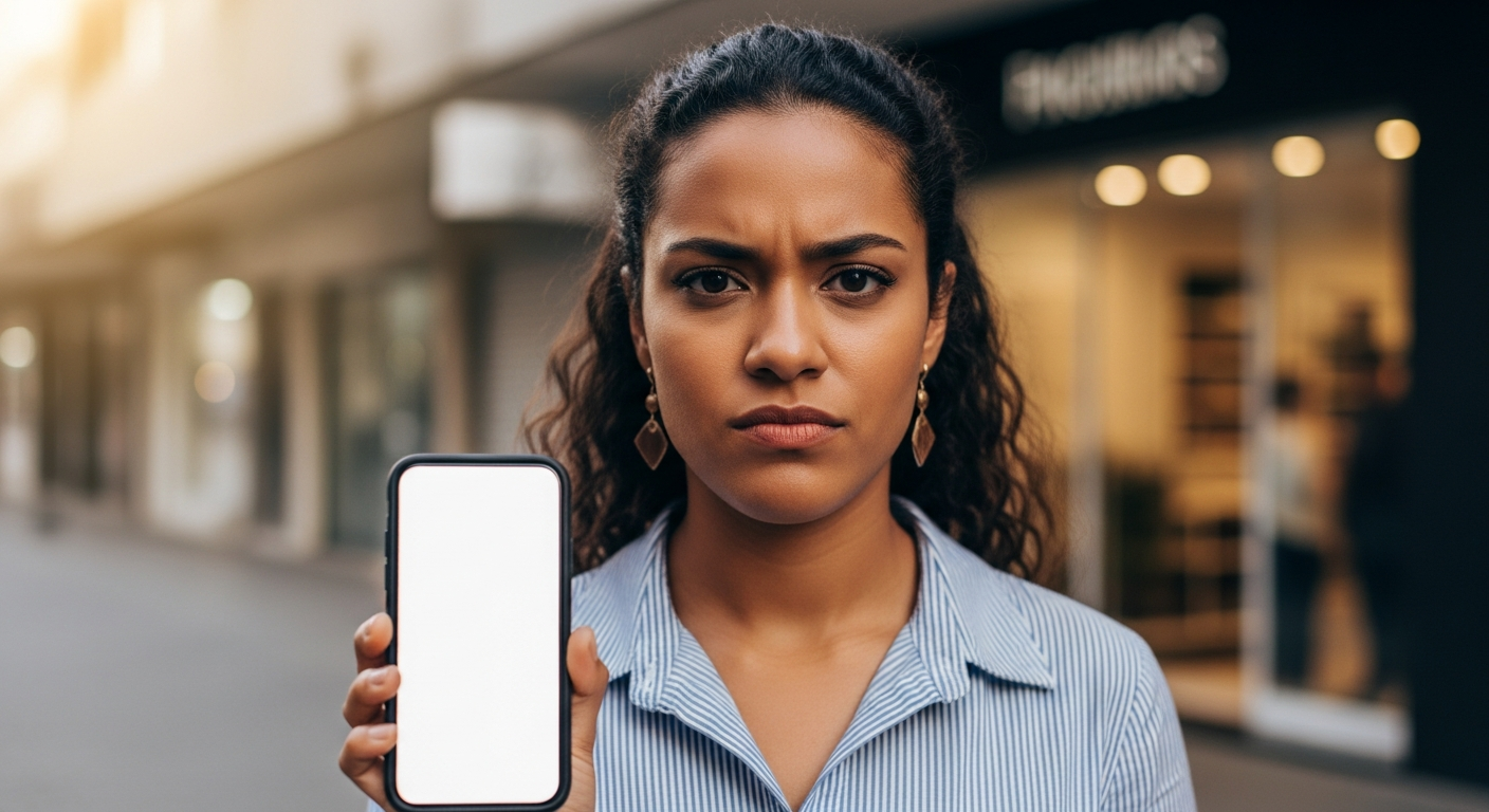 Mulher brasileira olha desconfiante para celular com anúncios suspeitos — alerta sobre golpes que prometem limpar nome
