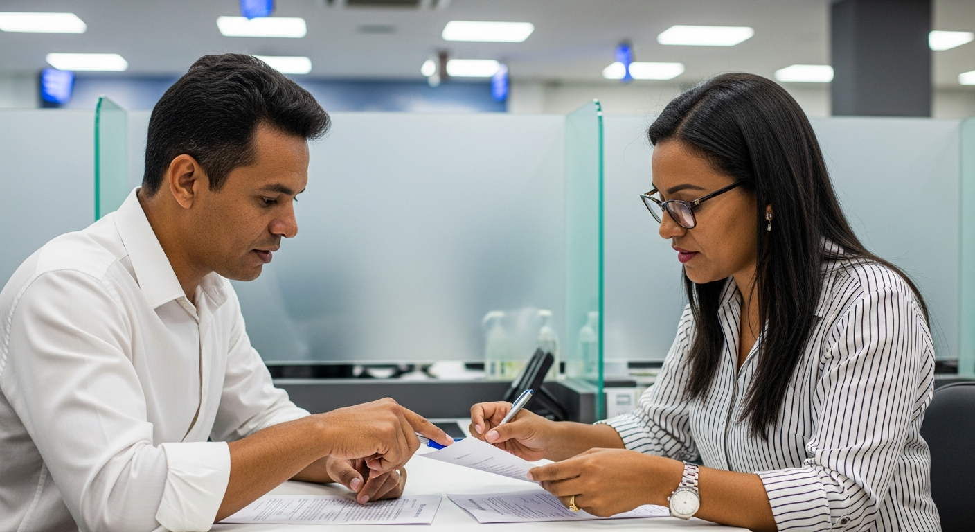 Dois brasileiros negociam dívida em agência bancária — cena de renegociação direta com banco para limpar o nome