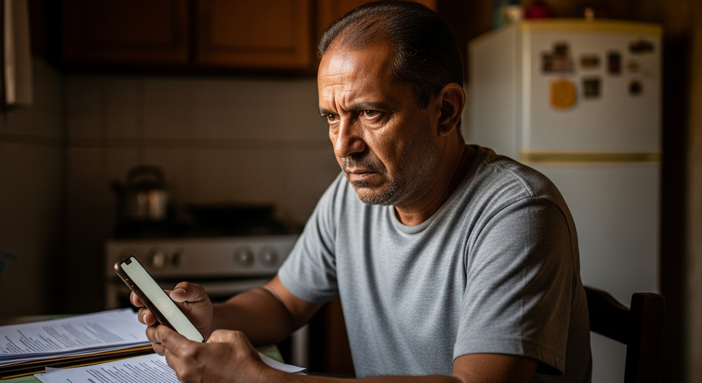 Homem brasileiro com expressão determinada analisa documentos e celular em cozinha — representando quem busca limpar o nome