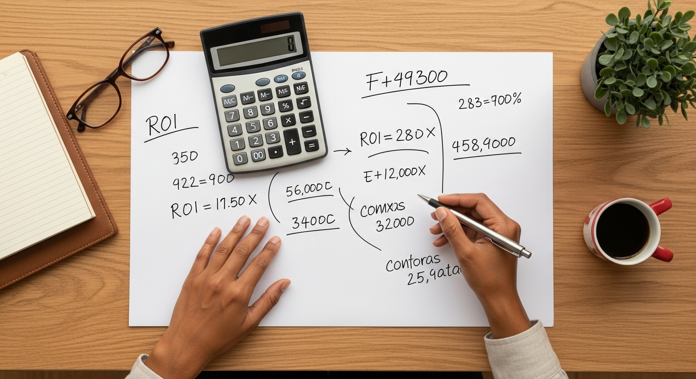Vista de cima de mesa com calculadora e cálculos manuscritos representando ROI de negócio