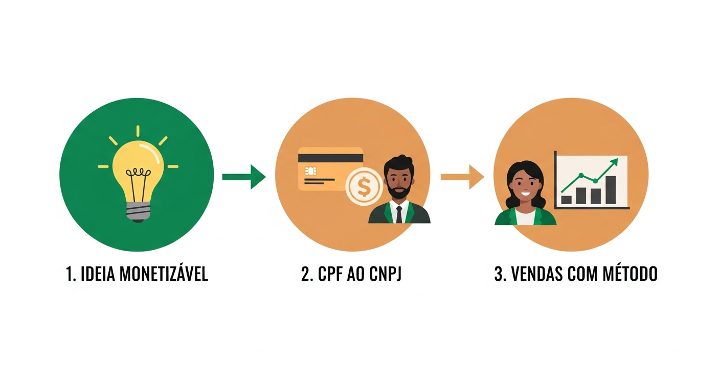 Infográfico com os 3 passos para montar um negócio do zero: ideia, capital e vendas