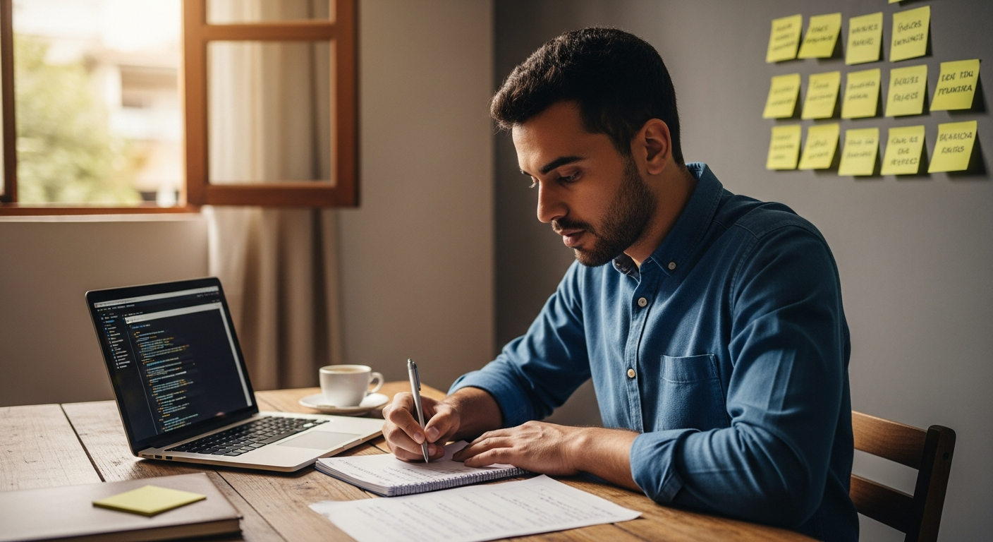 Jovem empreendedor brasileiro planejando negócio do zero com planilha manuscrita e notebook em home office