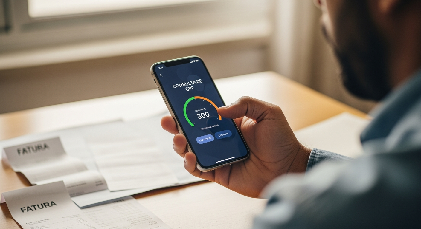 Mão segurando celular com consulta de CPF no Serasa para identificar credor da dívida