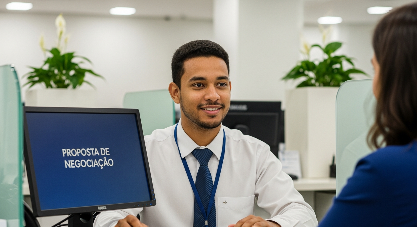 Atendente bancário brasileiro mostrando proposta de negociação de dívida de cartão ao cliente