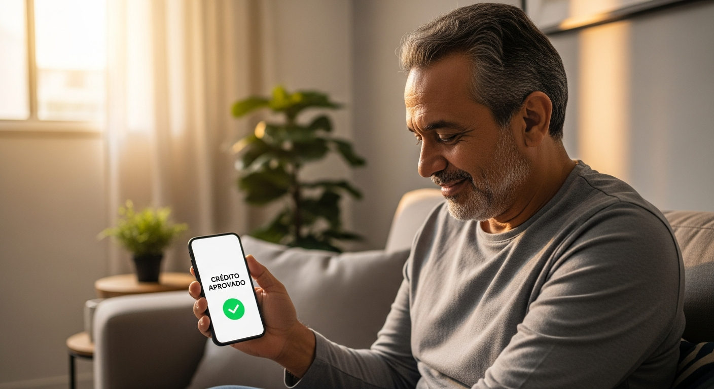 Homem brasileiro aliviado segurando celular após recuperar rating bancário e limpar nome