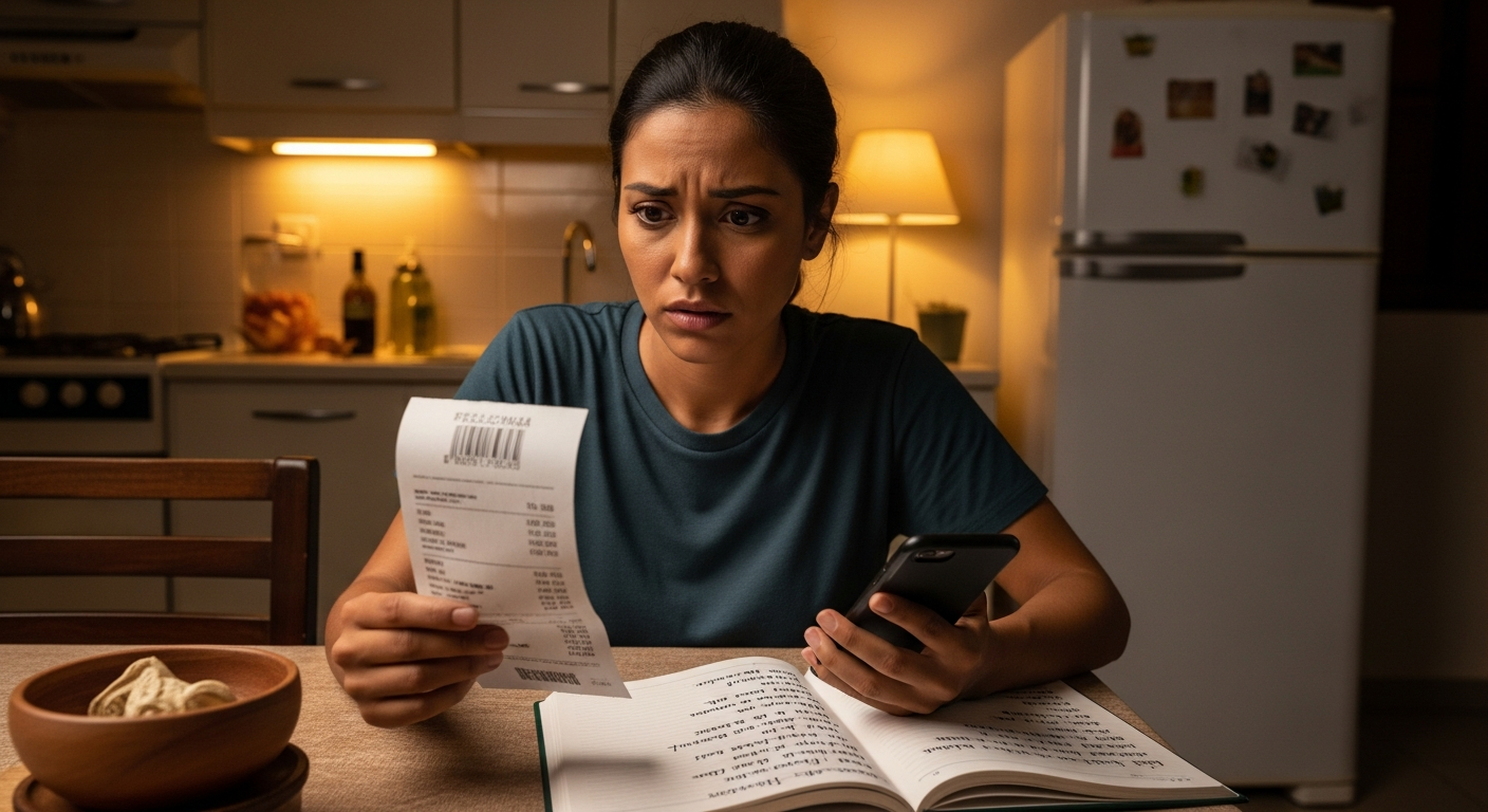 Mulher brasileira analisando fatura de cartão de crédito à noite para negociar dívida