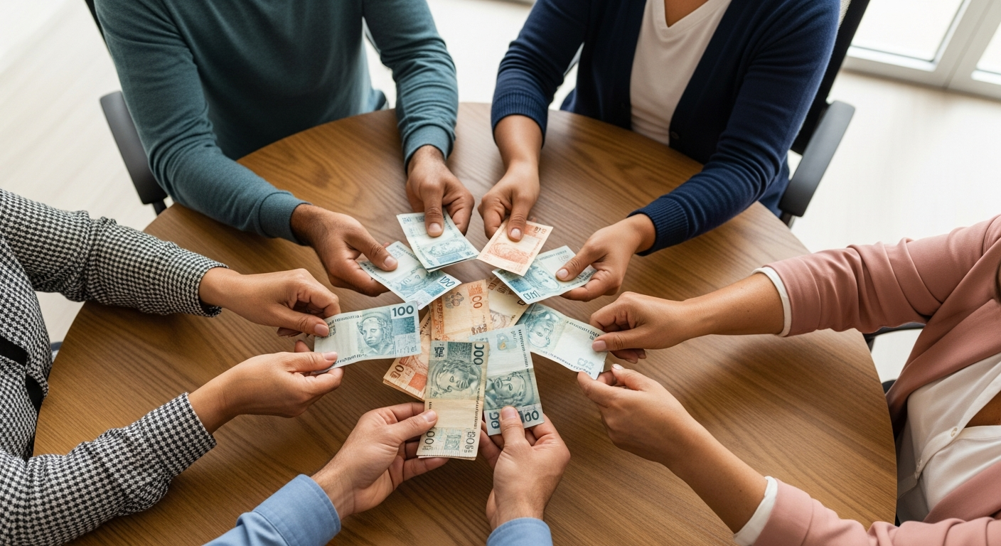 Mãos de pessoas depositando dinheiro em fundo coletivo, representando como funciona o consórcio imobiliário